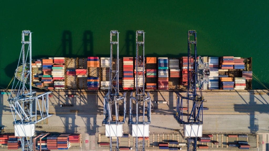 Aerial view of docked container ship